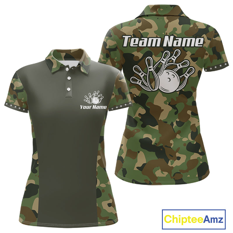 Custom Military Army Camouflage Bowling Polo 1/4-Zip Shirt For Women Bowling Ball Pins Strike Jersey NYN4544