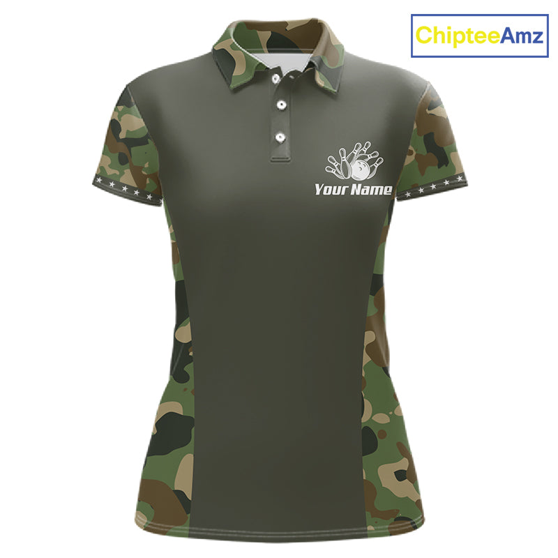 Custom Military Army Camouflage Bowling Polo 1/4-Zip Shirt For Women Bowling Ball Pins Strike Jersey NYN4544