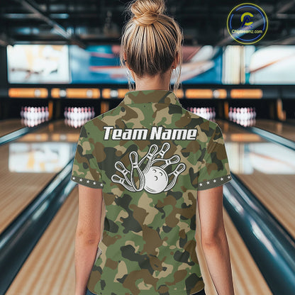 Custom Military Army Camouflage Bowling Polo 1/4-Zip Shirt For Women Bowling Ball Pins Strike Jersey NYN4544
