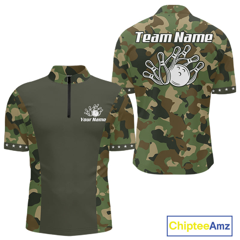 Custom Military Army Camouflage Bowling Polo 1/4-Zip Shirt For Men Bowling Ball Pins Strike Jersey NYN4544