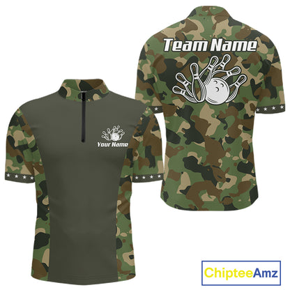 Custom Military Army Camouflage Bowling Polo 1/4-Zip Shirt For Men Bowling Ball Pins Strike Jersey NYN4544