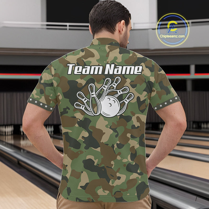 Custom Military Army Camouflage Bowling Polo 1/4-Zip Shirt For Men Bowling Ball Pins Strike Jersey NYN4544