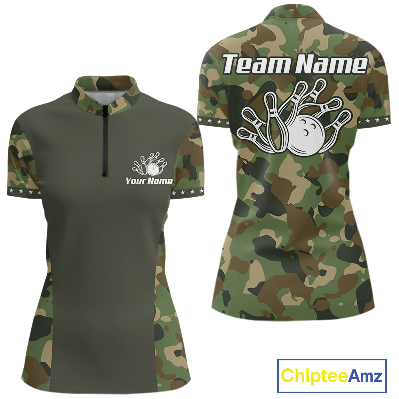 Custom Military Army Camouflage Bowling Polo 1/4-Zip Shirt For Women Bowling Ball Pins Strike Jersey NYN4544