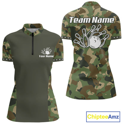 Custom Military Army Camouflage Bowling Polo 1/4-Zip Shirt For Women Bowling Ball Pins Strike Jersey NYN4544