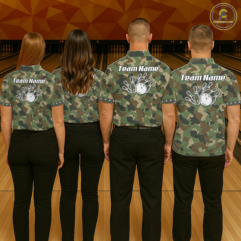 Custom Military Army Camouflage Bowling Polo 1/4-Zip Shirt For Men Bowling Ball Pins Strike Jersey NYN4544