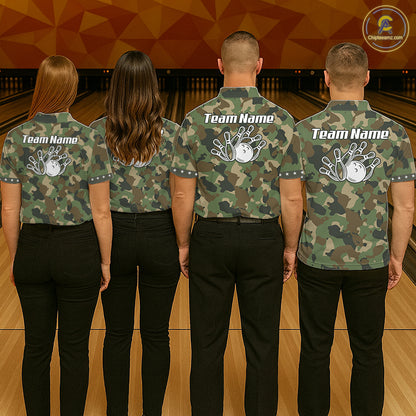 Custom Military Army Camouflage Bowling Polo 1/4-Zip Shirt For Men Bowling Ball Pins Strike Jersey NYN4544