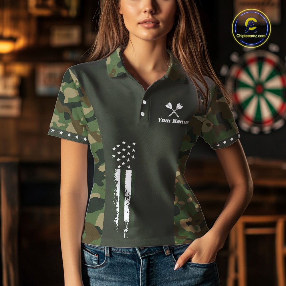 Custom Military Army Camouflage Darts Polo 1/4-Zip Shirt For Women US Flag Darts Team Jersey NYN4545