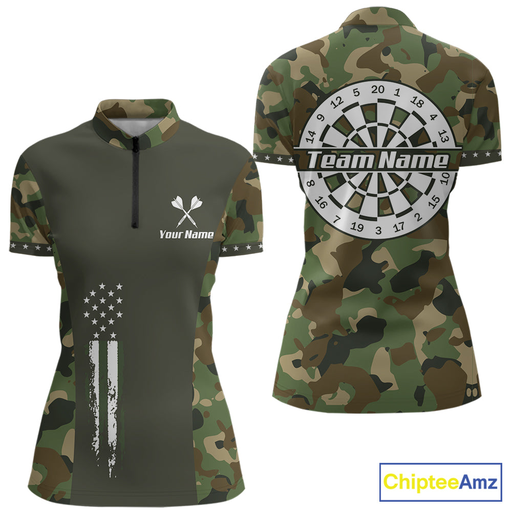 Custom Military Army Camouflage Darts Polo 1/4-Zip Shirt For Women US Flag Darts Team Jersey NYN4545