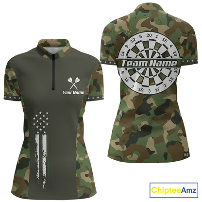 Custom Military Army Camouflage Darts Polo 1/4-Zip Shirt For Women US Flag Darts Team Jersey NYN4545