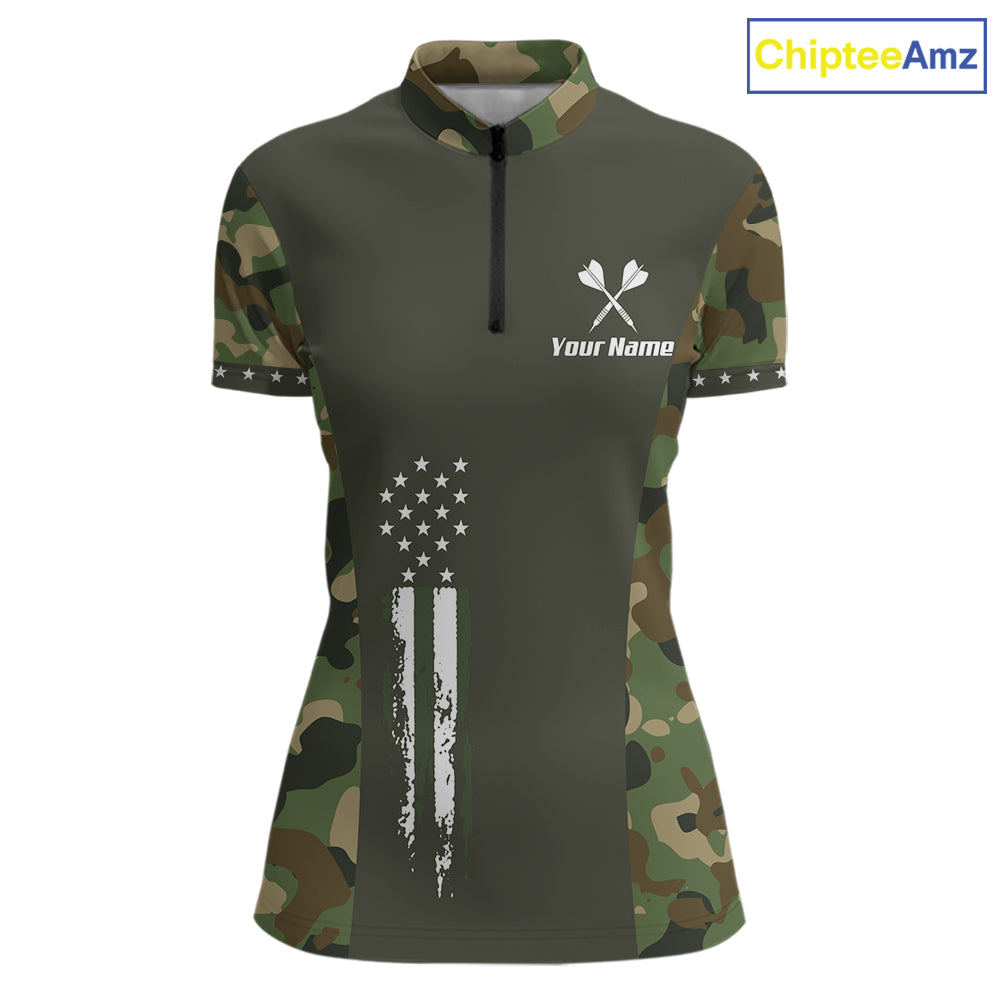 Custom Military Army Camouflage Darts Polo 1/4-Zip Shirt For Women US Flag Darts Team Jersey NYN4545