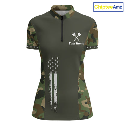 Custom Military Army Camouflage Darts Polo 1/4-Zip Shirt For Women US Flag Darts Team Jersey NYN4545