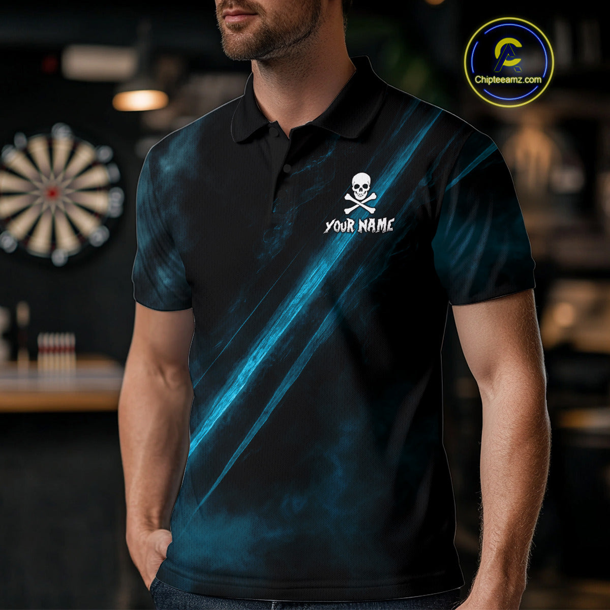 Custom Silver Skull Dartboard Lightning Turquoise Dart Men Polo Jerseys Outfits Dart Shirt NYN1712
