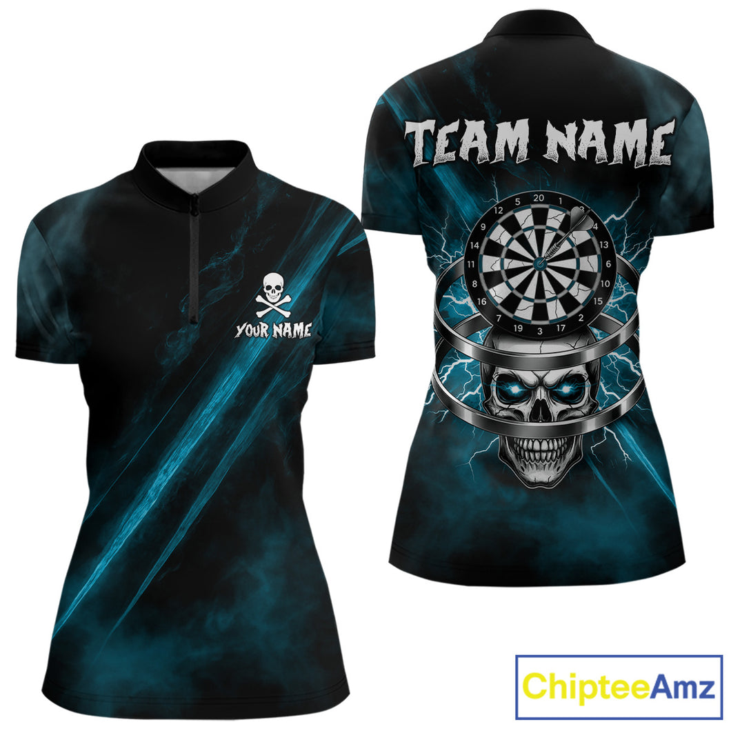 Custom Silver Skull Dartboard Lightning Turquoise Dart Women 1/4-Zip Jerseys Outfits Dart Shirt NYN1712