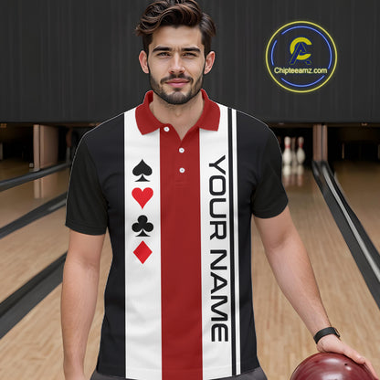 Poker Bowling Polo Quarter-Zip Shirt For Men Custom Black , White & Red Poker Bowling Tournament Jersey NYN4907