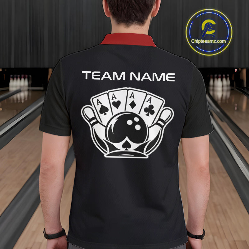 Poker Bowling Polo Quarter-Zip Shirt For Men Custom Black , White & Red Poker Bowling Tournament Jersey NYN4907