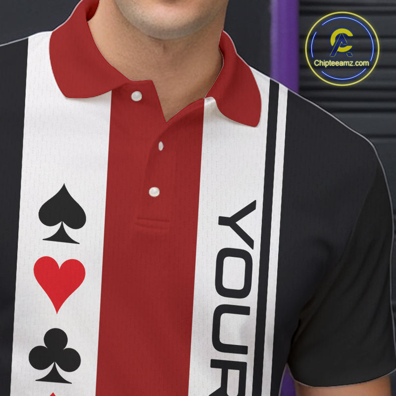Poker Bowling Polo Quarter-Zip Shirt For Men Custom Black , White & Red Poker Bowling Tournament Jersey NYN4907