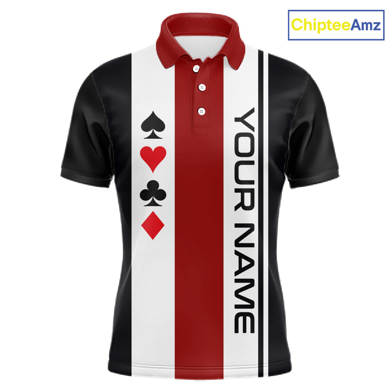 Poker Bowling Polo Quarter-Zip Shirt For Men Custom Black , White & Red Poker Bowling Tournament Jersey NYN4907