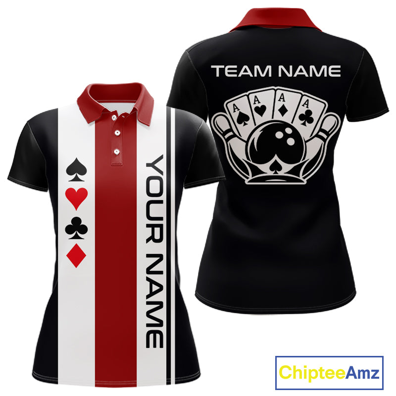 Poker Bowling Polo Quarter-Zip Shirt For Women Custom Black , White & Red Poker Bowling Tournament Jersey NYN4907