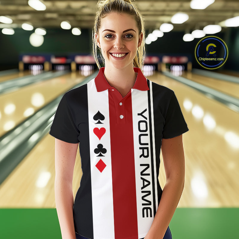 Poker Bowling Polo Quarter-Zip Shirt For Women Custom Black , White & Red Poker Bowling Tournament Jersey NYN4907