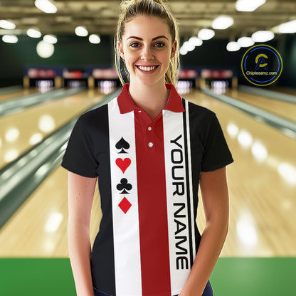 Poker Bowling Polo Quarter-Zip Shirt For Women Custom Black , White & Red Poker Bowling Tournament Jersey NYN4907
