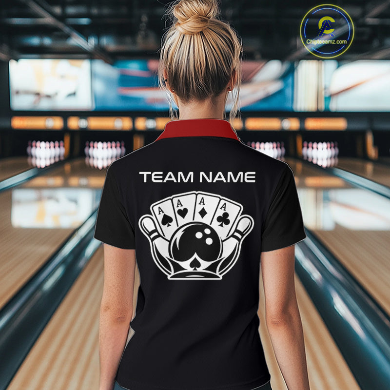 Poker Bowling Polo Quarter-Zip Shirt For Women Custom Black , White & Red Poker Bowling Tournament Jersey NYN4907