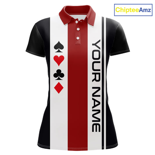Poker Bowling Polo Quarter-Zip Shirt For Women Custom Black , White & Red Poker Bowling Tournament Jersey NYN4907