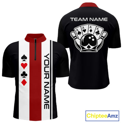 Poker Bowling Polo Quarter-Zip Shirt For Men Custom Black , White & Red Poker Bowling Tournament Jersey NYN4907