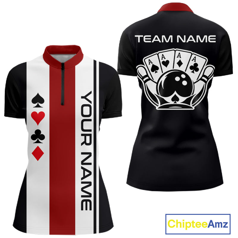 Poker Bowling Polo Quarter-Zip Shirt For Women Custom Black , White & Red Poker Bowling Tournament Jersey NYN4907