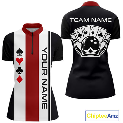 Poker Bowling Polo Quarter-Zip Shirt For Women Custom Black , White & Red Poker Bowling Tournament Jersey NYN4907