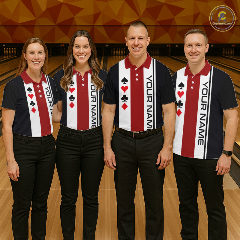 Poker Bowling Polo Quarter-Zip Shirt For Men Custom Black , White & Red Poker Bowling Tournament Jersey NYN4907