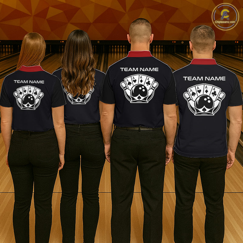 Poker Bowling Polo Quarter-Zip Shirt For Men Custom Black , White & Red Poker Bowling Tournament Jersey NYN4907