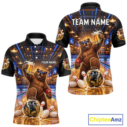 Custom Funny Bear Bowling Polo 1/4-Zip Bowling Shirt For Men Vintage Beer Bowling Team Jersey NYN4912