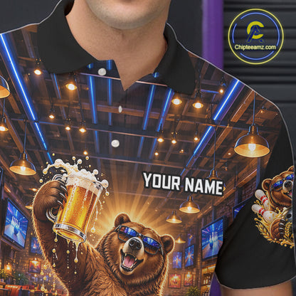 Custom Funny Bear Bowling Polo 1/4-Zip Bowling Shirt For Men Vintage Beer Bowling Team Jersey NYN4912