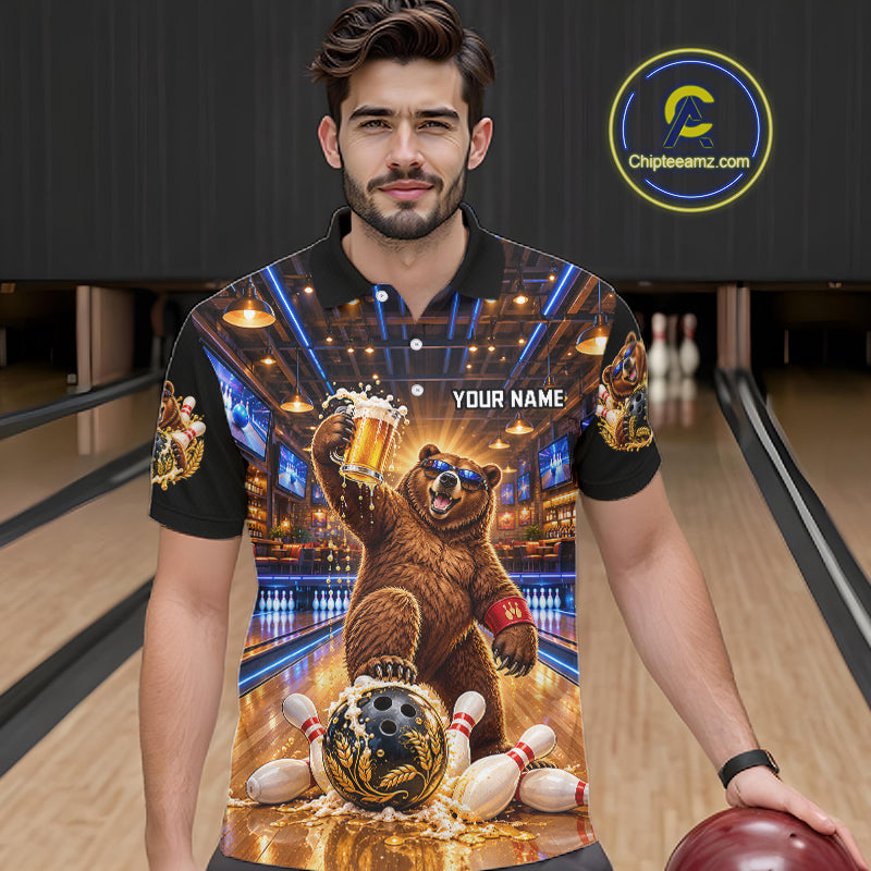 Custom Funny Bear Bowling Polo 1/4-Zip Bowling Shirt For Men Vintage Beer Bowling Team Jersey NYN4912