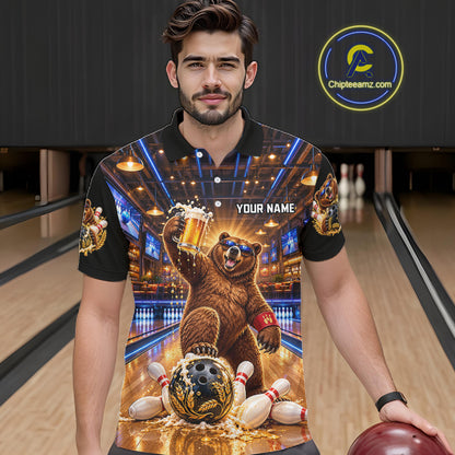 Custom Funny Bear Bowling Polo 1/4-Zip Bowling Shirt For Men Vintage Beer Bowling Team Jersey NYN4912