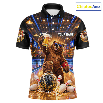 Custom Funny Bear Bowling Polo 1/4-Zip Bowling Shirt For Men Vintage Beer Bowling Team Jersey NYN4912