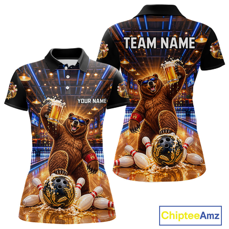 Custom Funny Bear Bowling Polo 1/4-Zip Bowling Shirt For Women Vintage Beer Bowling Team Jersey NYN4912