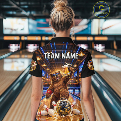 Custom Funny Bear Bowling Polo 1/4-Zip Bowling Shirt For Women Vintage Beer Bowling Team Jersey NYN4912