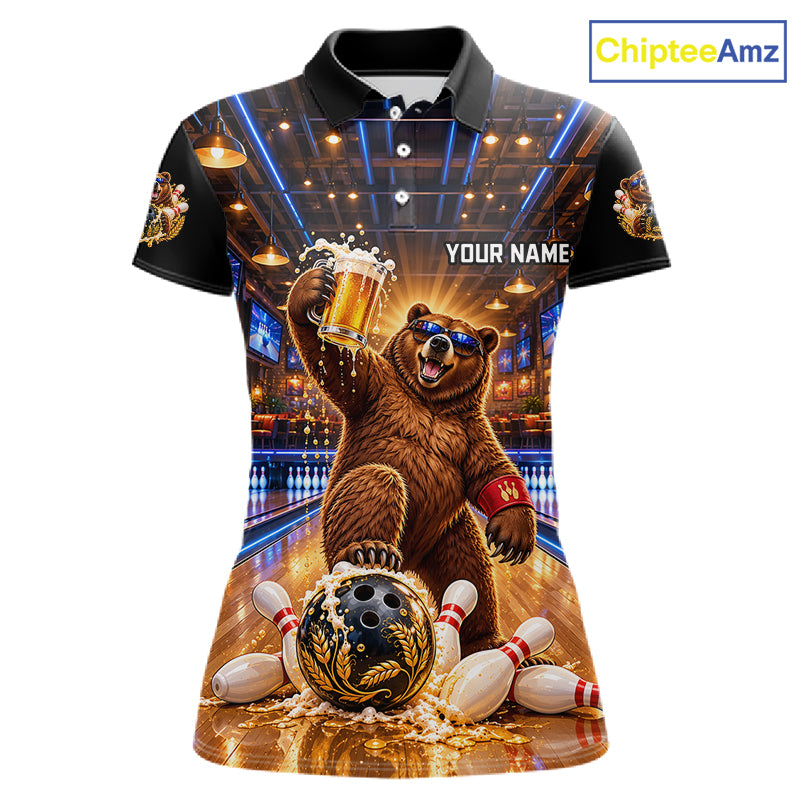 Custom Funny Bear Bowling Polo 1/4-Zip Bowling Shirt For Women Vintage Beer Bowling Team Jersey NYN4912