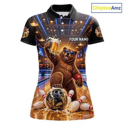 Custom Funny Bear Bowling Polo 1/4-Zip Bowling Shirt For Women Vintage Beer Bowling Team Jersey NYN4912