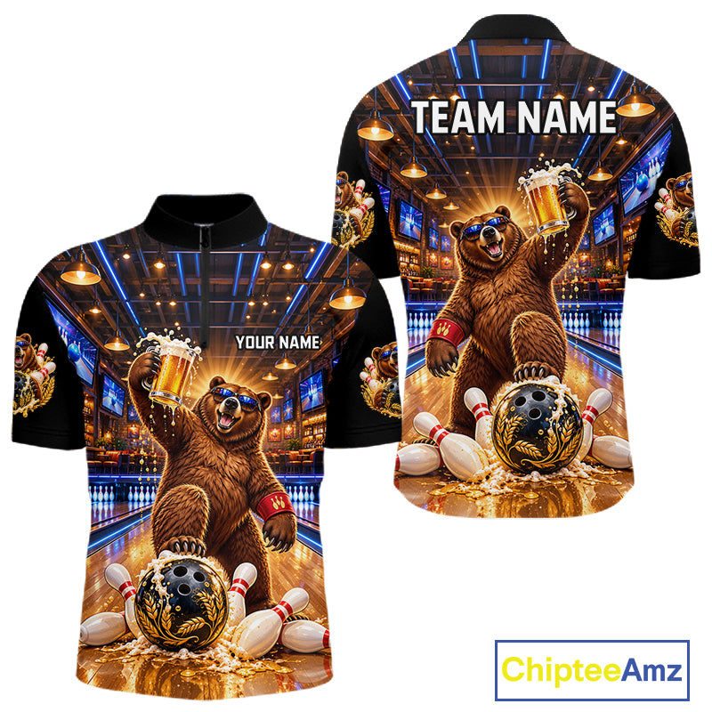 Custom Funny Bear Bowling Polo 1/4-Zip Bowling Shirt For Men Vintage Beer Bowling Team Jersey NYN4912