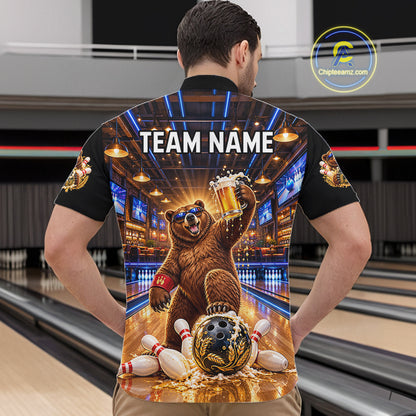 Custom Funny Bear Bowling Polo 1/4-Zip Bowling Shirt For Men Vintage Beer Bowling Team Jersey NYN4912
