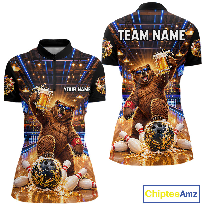 Custom Funny Bear Bowling Polo 1/4-Zip Bowling Shirt For Women Vintage Beer Bowling Team Jersey NYN4912