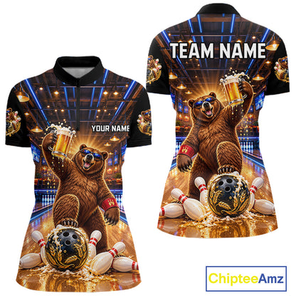 Custom Funny Bear Bowling Polo 1/4-Zip Bowling Shirt For Women Vintage Beer Bowling Team Jersey NYN4912