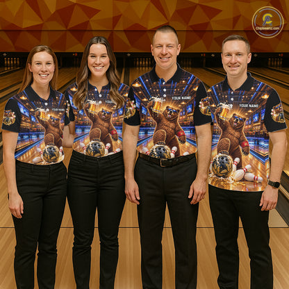 Custom Funny Bear Bowling Polo 1/4-Zip Bowling Shirt For Men Vintage Beer Bowling Team Jersey NYN4912