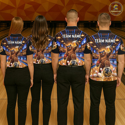 Custom Funny Bear Bowling Polo 1/4-Zip Bowling Shirt For Men Vintage Beer Bowling Team Jersey NYN4912