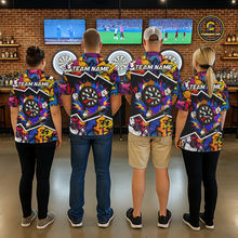 Load image into Gallery viewer, Men women darts team wearing Graffiti Strike Dartboard custom uniforms, colorful tournament dart jerseys
