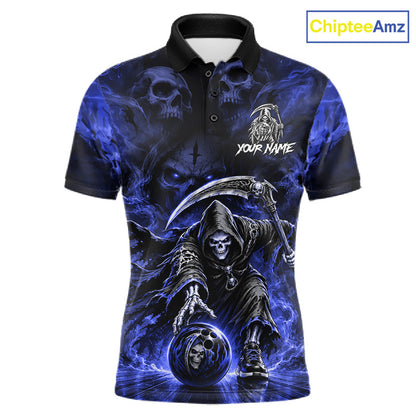 Black & Blue Flame Grim Reaper Bowling Polo featuring custom player name, blue flame graphics, moisture-wicking bowling jersey, custom tournament apparel, biker-inspired fashion.