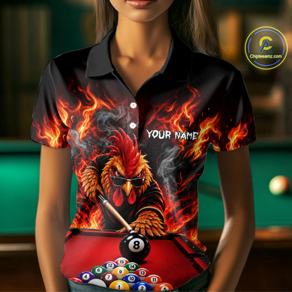 Custom Fire Rooster Billiard Polo 1/4-Zip Shirt For Women Personalized Cool Rooster Pool Team Jersey NYN4556