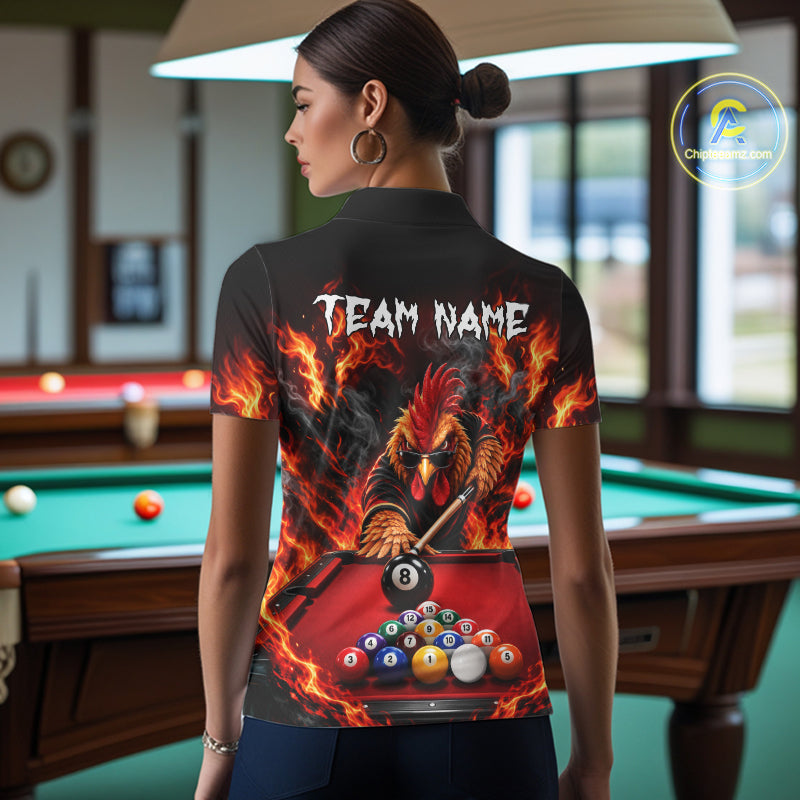 Custom Fire Rooster Billiard Polo 1/4-Zip Shirt For Women Personalized Cool Rooster Pool Team Jersey NYN4556